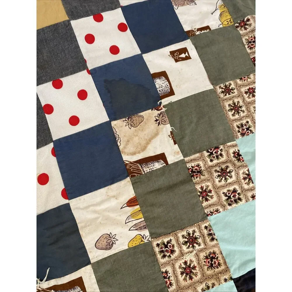 VINTAGE Handmade Patchwork Quilt Blanket Boho Hippie Cottage 70X 50 READ Flaw